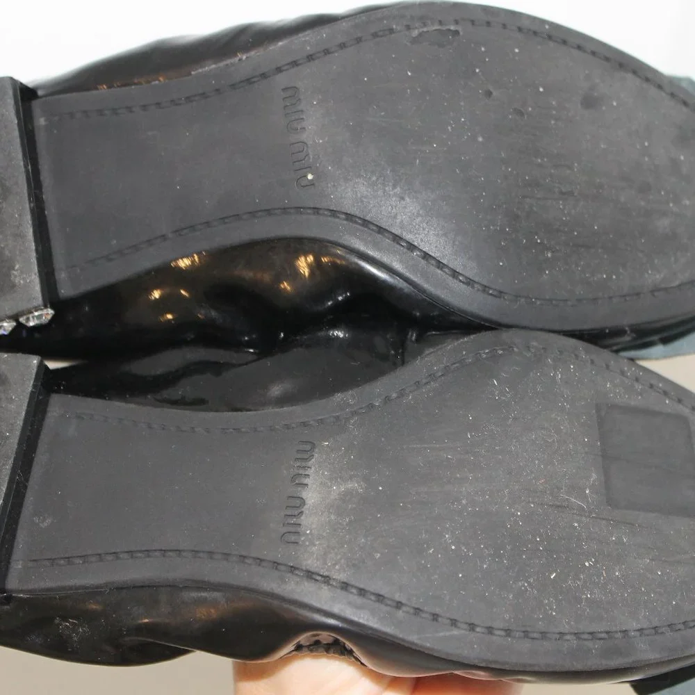 REDUCED MIU MIU Patent Leather Black w Bow Flats Embellished Heel 37 7